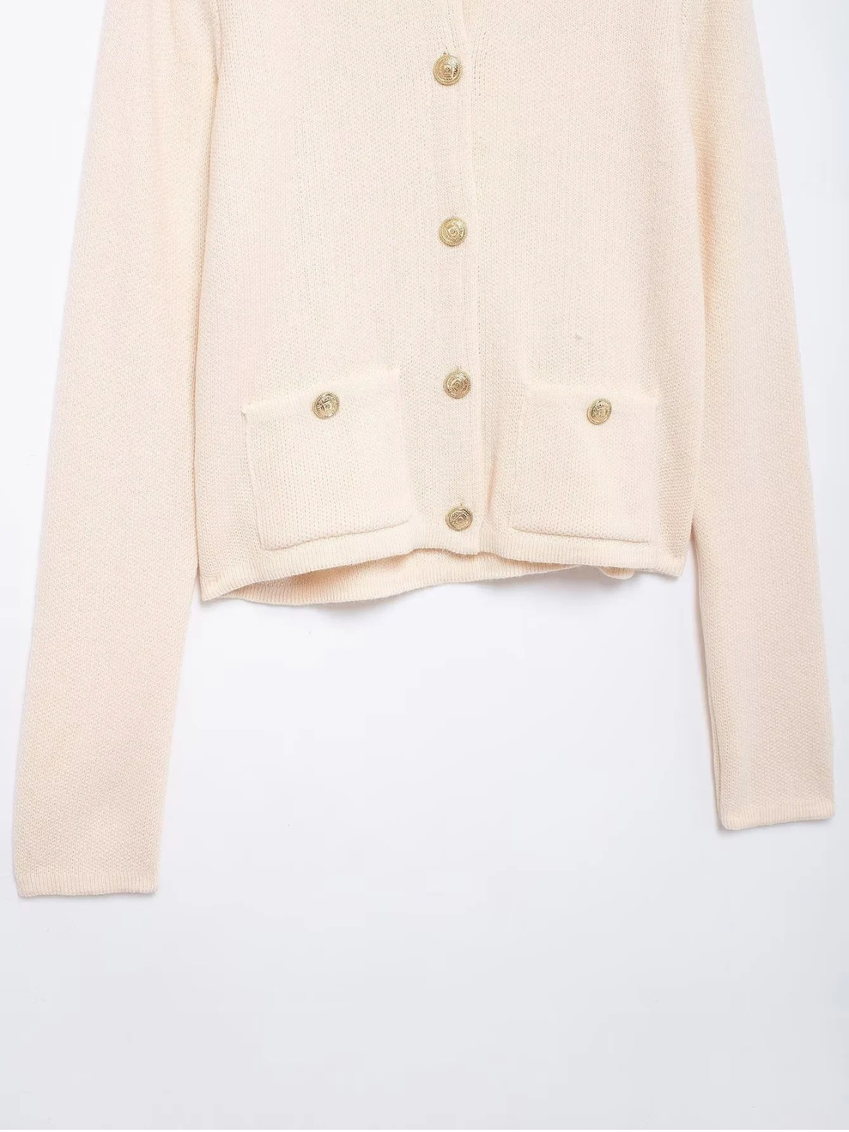 Gold Decorated Row Button Short Knitted Cardigan