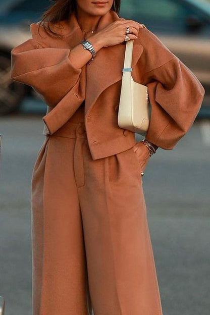 Work Street Solid Pocket Buttons Turndown Collar Long Sleeve Two Pieces(4 Colors)