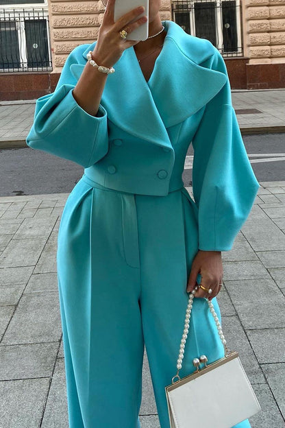 Work Street Solid Pocket Buttons Turndown Collar Long Sleeve Two Pieces(4 Colors)