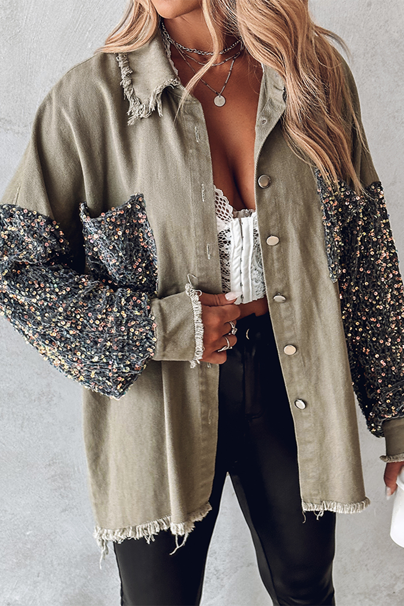 Casual Solid Sequins Pocket Turndown Collar Blouses(4 Colors)