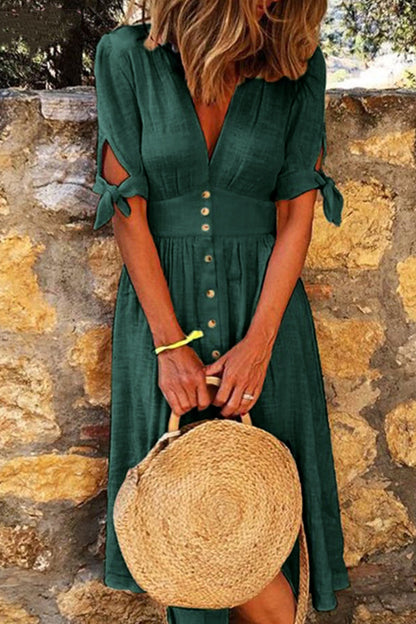 Casual Elegant Buckle Knotted V Neck Dresses(4 Colors)