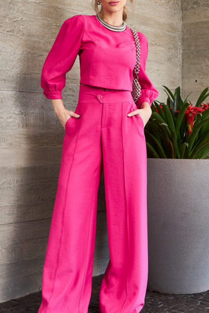 Elegant Solid Pocket O Neck Long Sleeve Two Pieces(3 Colors)