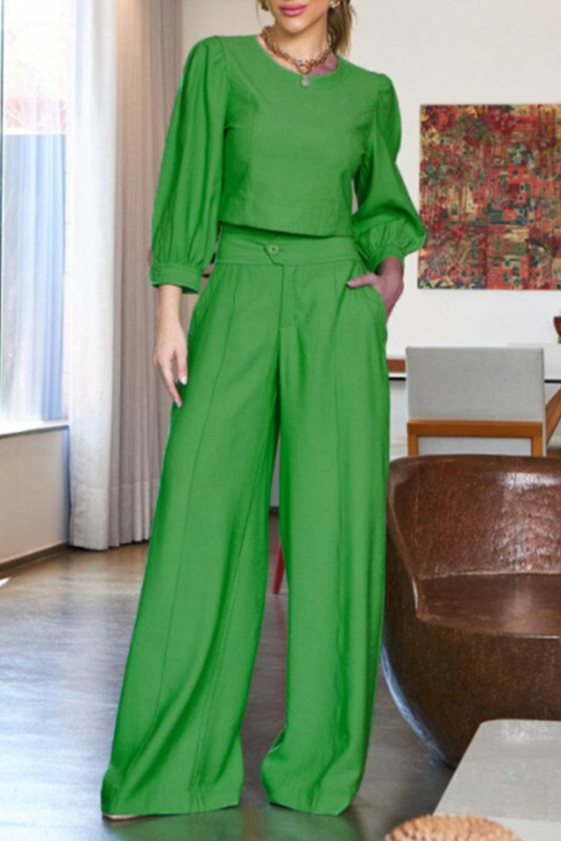 Elegant Solid Pocket O Neck Long Sleeve Two Pieces(3 Colors)