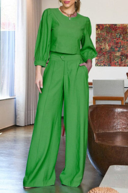 Elegant Solid Pocket O Neck Long Sleeve Two Pieces(3 Colors)