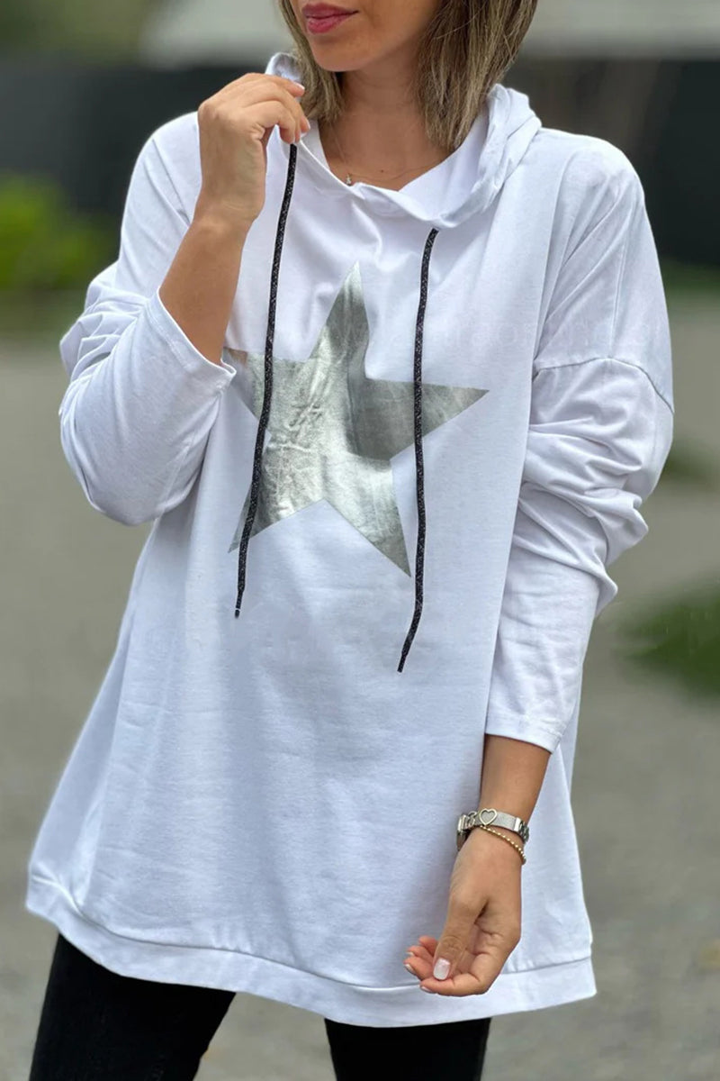 Casual The stars Draw String Hooded Collar Tops