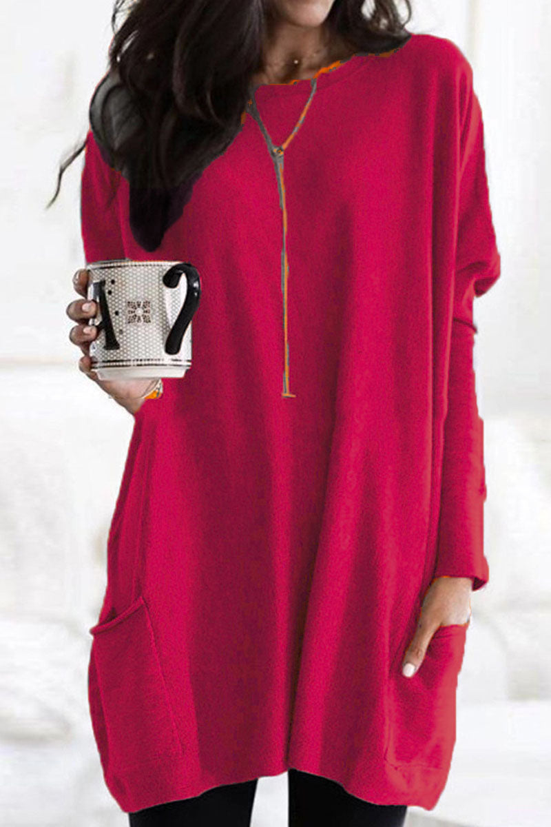 Fashion Solid Split Joint O Neck Tops(7 Colors)