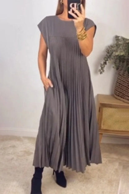 Elegant Solid Fold O Neck A Line Dresses(2 Colors)