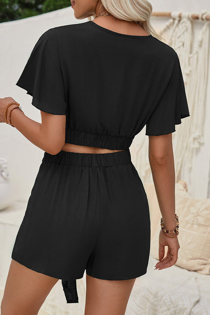 Sexy Solid Frenulum V Neck Short Sleeve Two Pieces(3 Colors)