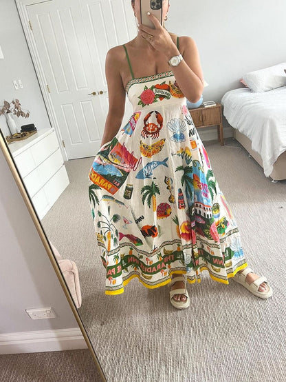 Paradise Graffiti Print Swing Sundress Beach Dress