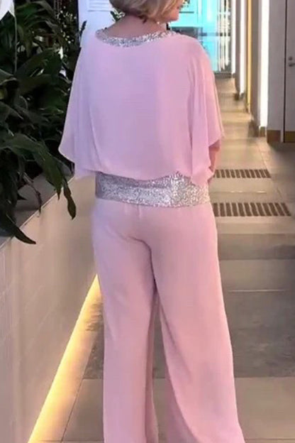 Casual Solid Sequins O Neck Two Pieces