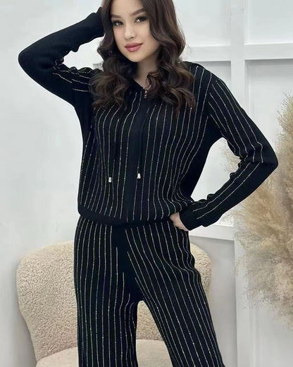 Black - Loose Rhinestone Cardigan Two Piece Set