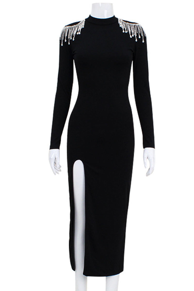 Elegant Formal Solid Backless Slit Rhinestone Half A Turtleneck Evening Dress Dresses