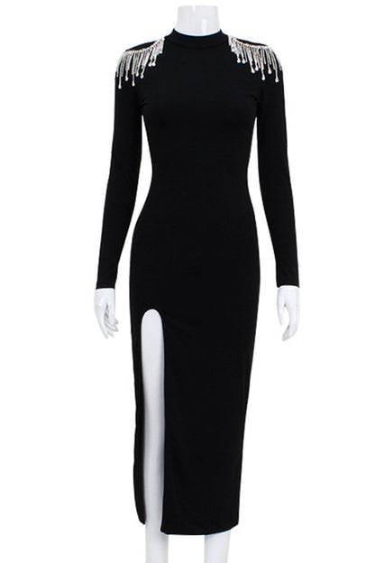 Elegant Formal Solid Backless Slit Rhinestone Half A Turtleneck Evening Dress Dresses