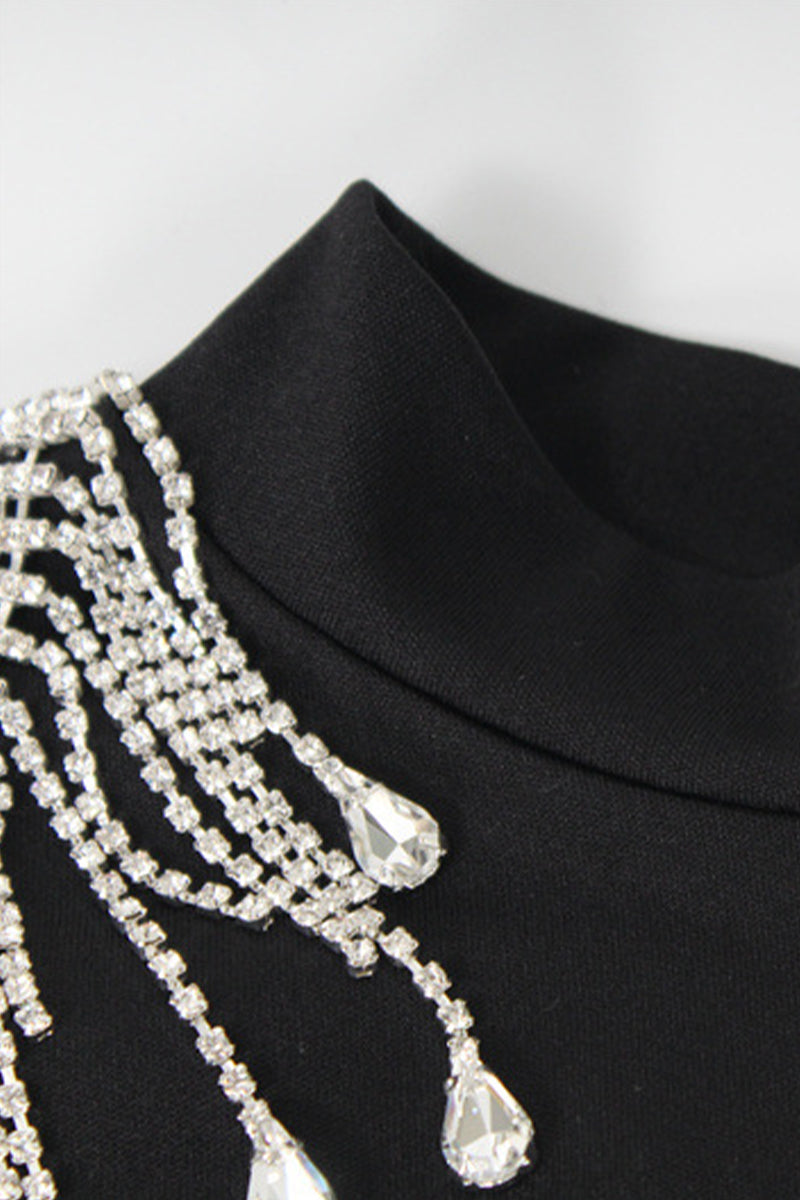 Elegant Formal Solid Backless Slit Rhinestone Half A Turtleneck Evening Dress Dresses