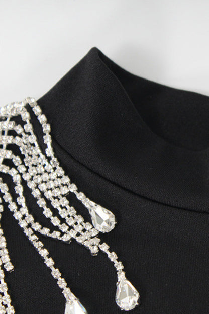 Elegant Formal Solid Backless Slit Rhinestone Half A Turtleneck Evening Dress Dresses