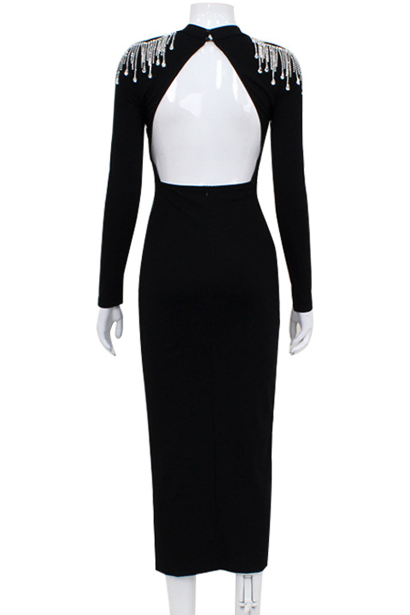 Elegant Formal Solid Backless Slit Rhinestone Half A Turtleneck Evening Dress Dresses