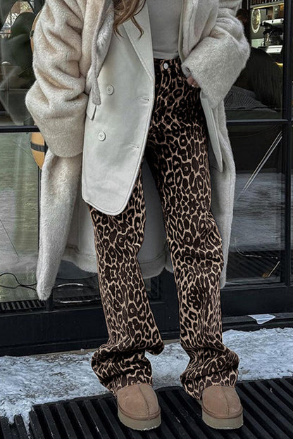 Street Print Leopard Buttons Loose Mid Waist Straight Full Print Bottoms