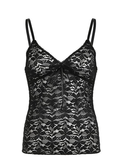 Black Vintage Lace Camisole with V Neck and Lace Bow