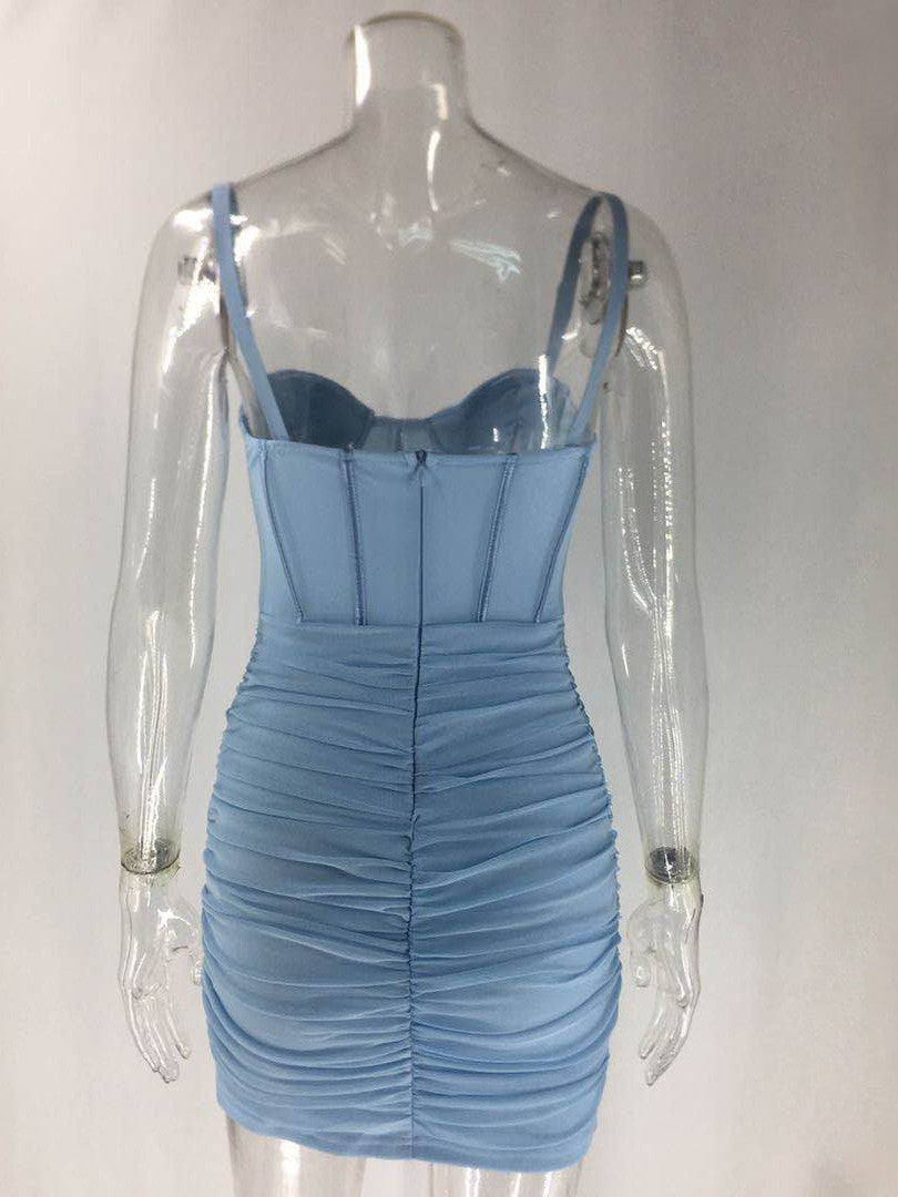 Mesh Pleated Summer Backless Short Dress