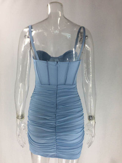 Mesh Pleated Summer Backless Short Dress