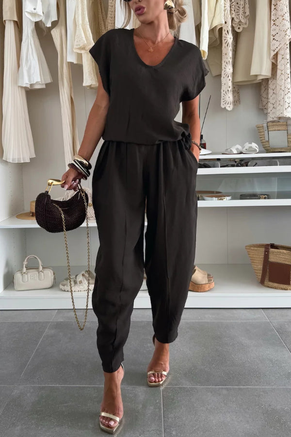 Linen Blend Solid Color V-neck Short-sleeved Top and Elastic Waist Pocket Bloomers Pants Set