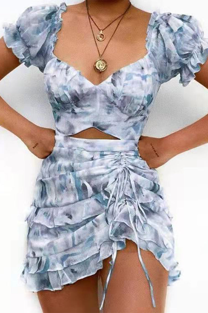 Sexy Floral Draw String Flounce V Neck Irregular Dresses