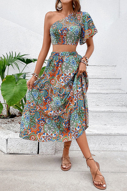 Casual Vintage Geometric Print Patchwork Oblique Collar Short Sleeve Two Pieces