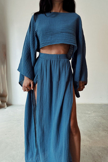 Casual Solid Slit O Neck Long Sleeve Two Pieces