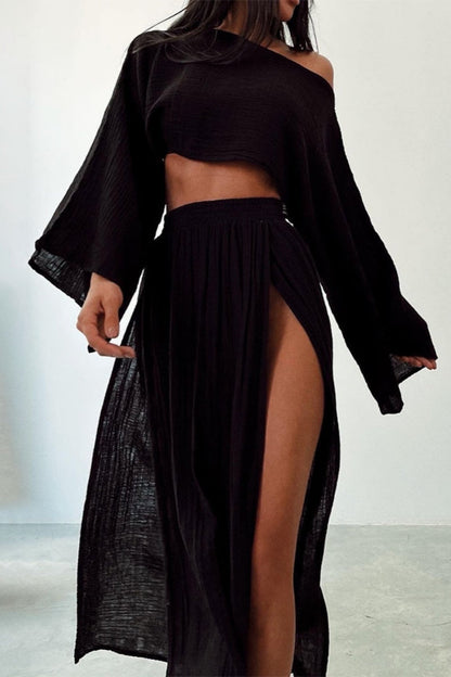 Casual Solid Slit O Neck Long Sleeve Two Pieces