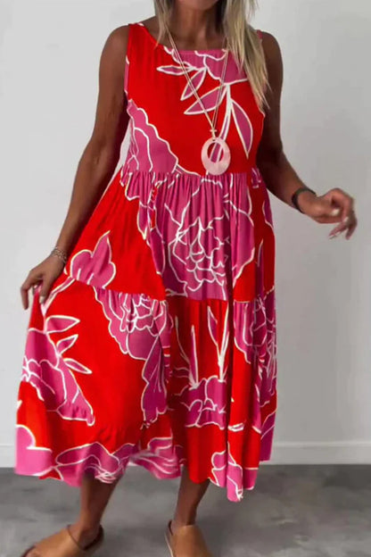 Casual Vintage Print Flowers Patchwork O Neck Sleeveless Dresses