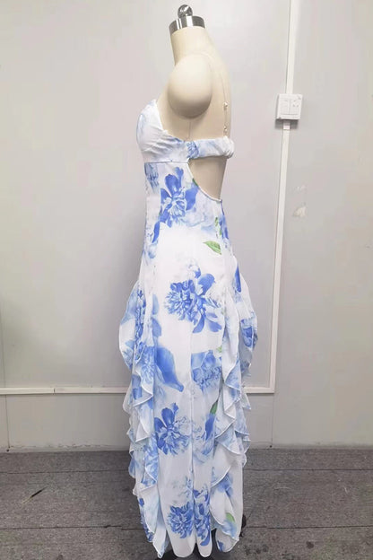 Sexy Not Positioning Printed Flowers Patchwork Flounce V Neck Sling Dresses