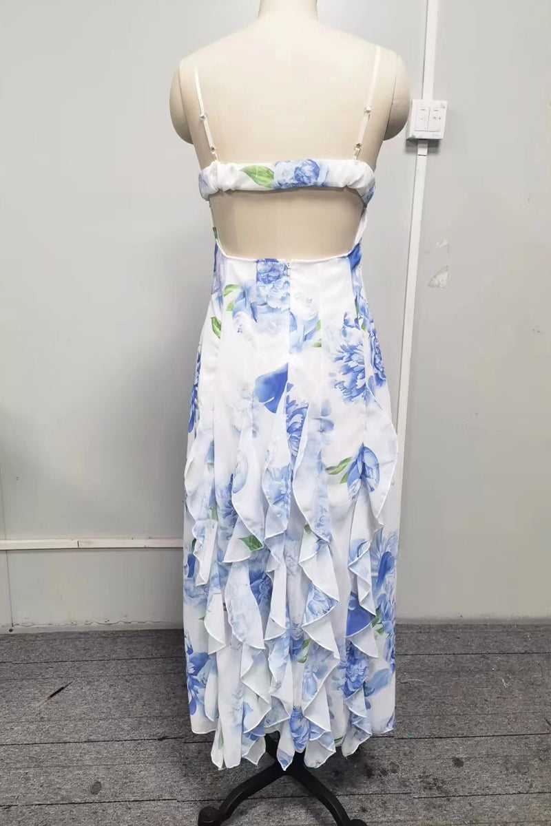 Sexy Not Positioning Printed Flowers Patchwork Flounce V Neck Sling Dresses
