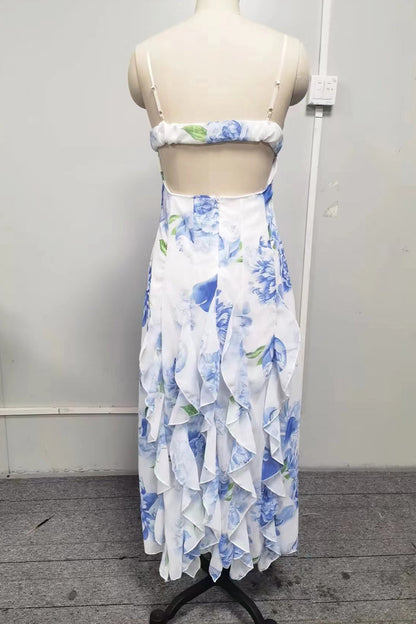Sexy Not Positioning Printed Flowers Patchwork Flounce V Neck Sling Dresses