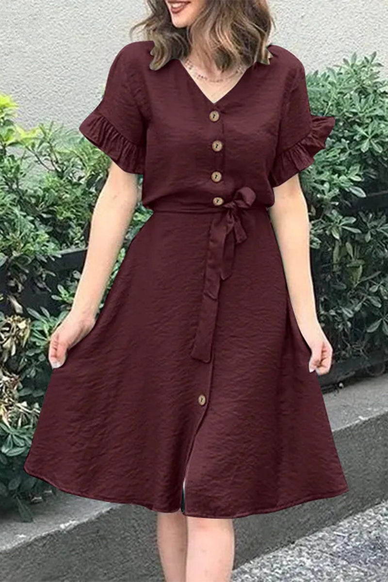 Casual Simplicity Solid Frenulum Buckle Flounce V Neck A Line Dresses