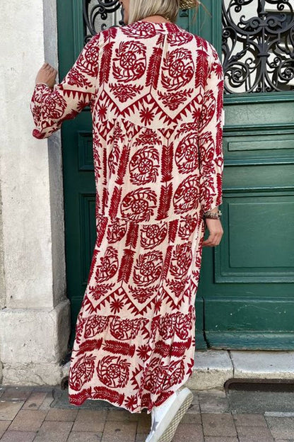 Casual Vintage Geometric Print Patchwork V Neck Printed Dresses(3 Colors)