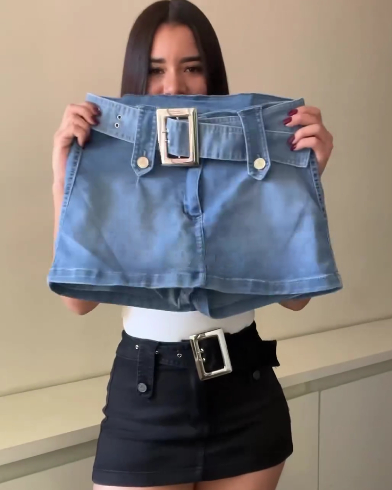High-waisted Mini Slim-fit Denim Skirt With Belt