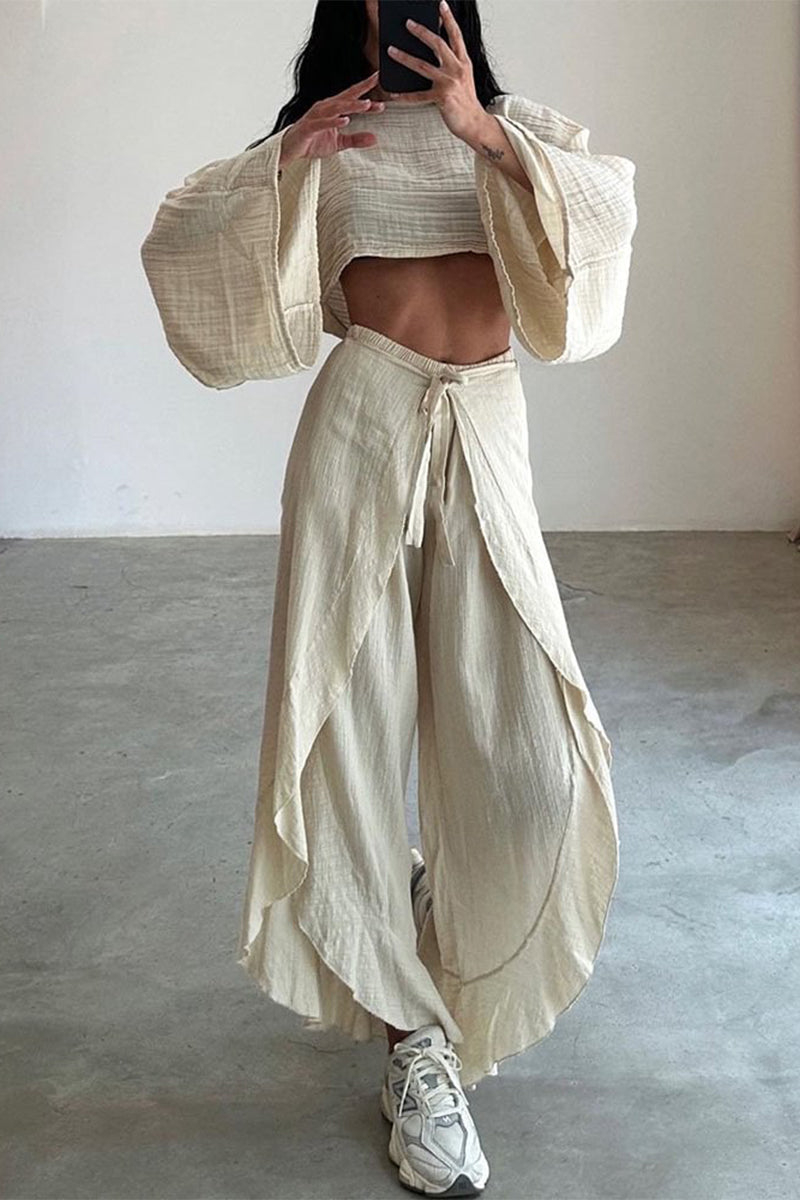 Casual Solid Flounce Slit O Neck Long Sleeve Two Pieces(3 Colors)