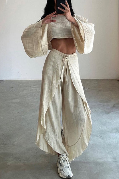 Casual Solid Flounce Slit O Neck Long Sleeve Two Pieces(3 Colors)