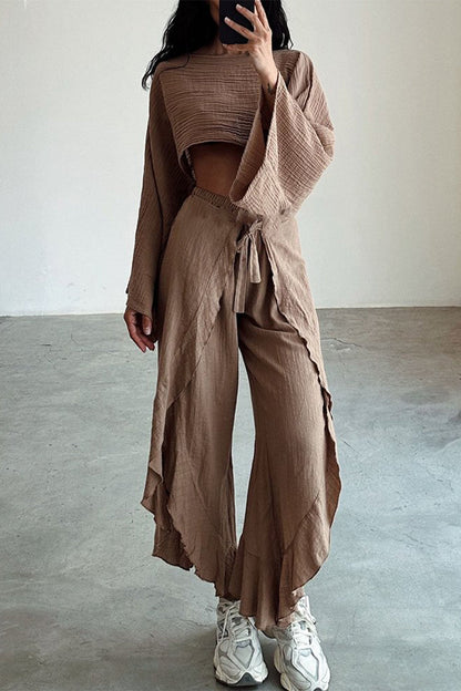 Casual Solid Flounce Slit O Neck Long Sleeve Two Pieces(3 Colors)