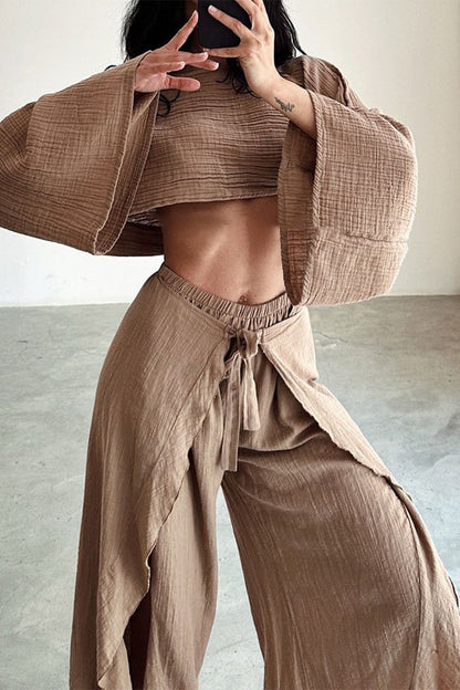 Casual Solid Flounce Slit O Neck Long Sleeve Two Pieces(3 Colors)