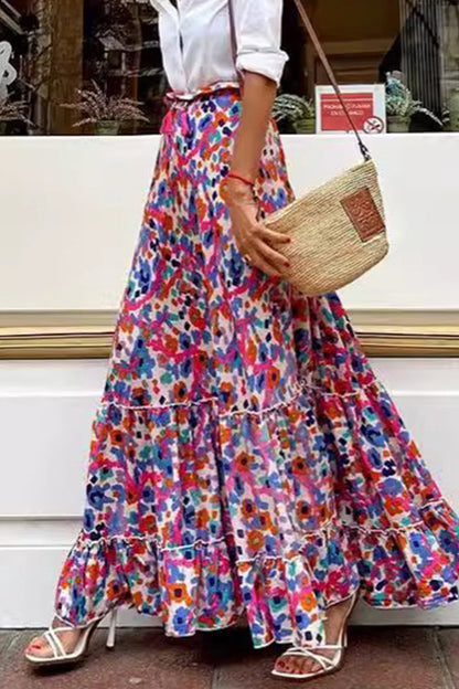 Elegant Geometric Print Flounce Contrast Loose High Waist Type A Patchwork Bottoms