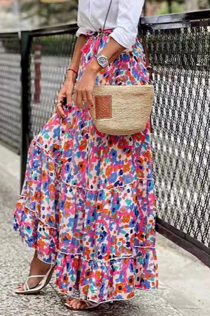 Elegant Geometric Print Flounce Contrast Loose High Waist Type A Patchwork Bottoms