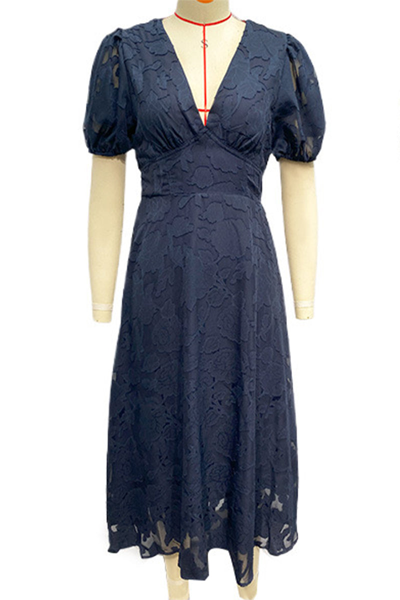 Elegant Solid Lace Pocket V Neck A Line Dresses(3 Colors)