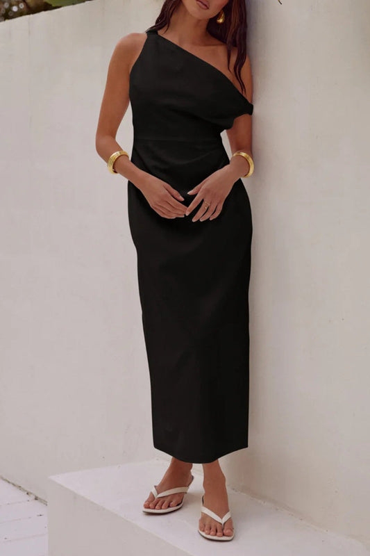 Sexy Solid Asymmetrical Oblique Collar One Step Skirt Dresses