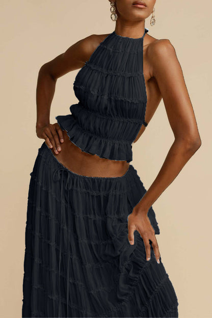 Sexy Vacation Solid Backless Fold Halter Sleeveless Two Pieces