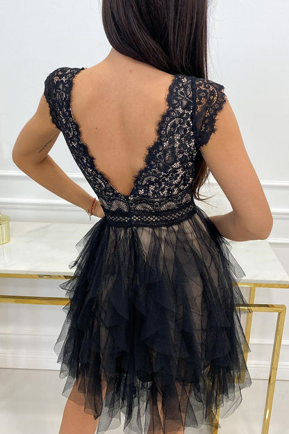 Sweet Solid Lace Asymmetrical Mesh V Neck Princess Dresses(3 Colors)