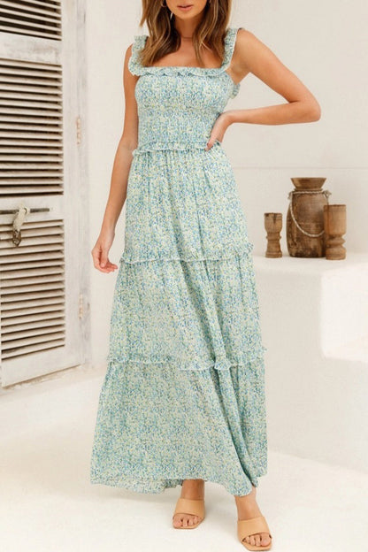 Sweet Elegant Print Flowers Fold Stringy Selvedge Off the Shoulder A Line Dresses(5 Colors)
