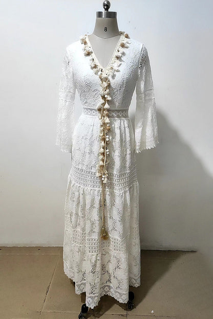 Sweet Elegant Solid Lace Hollowed Out V Neck A Line Dresses