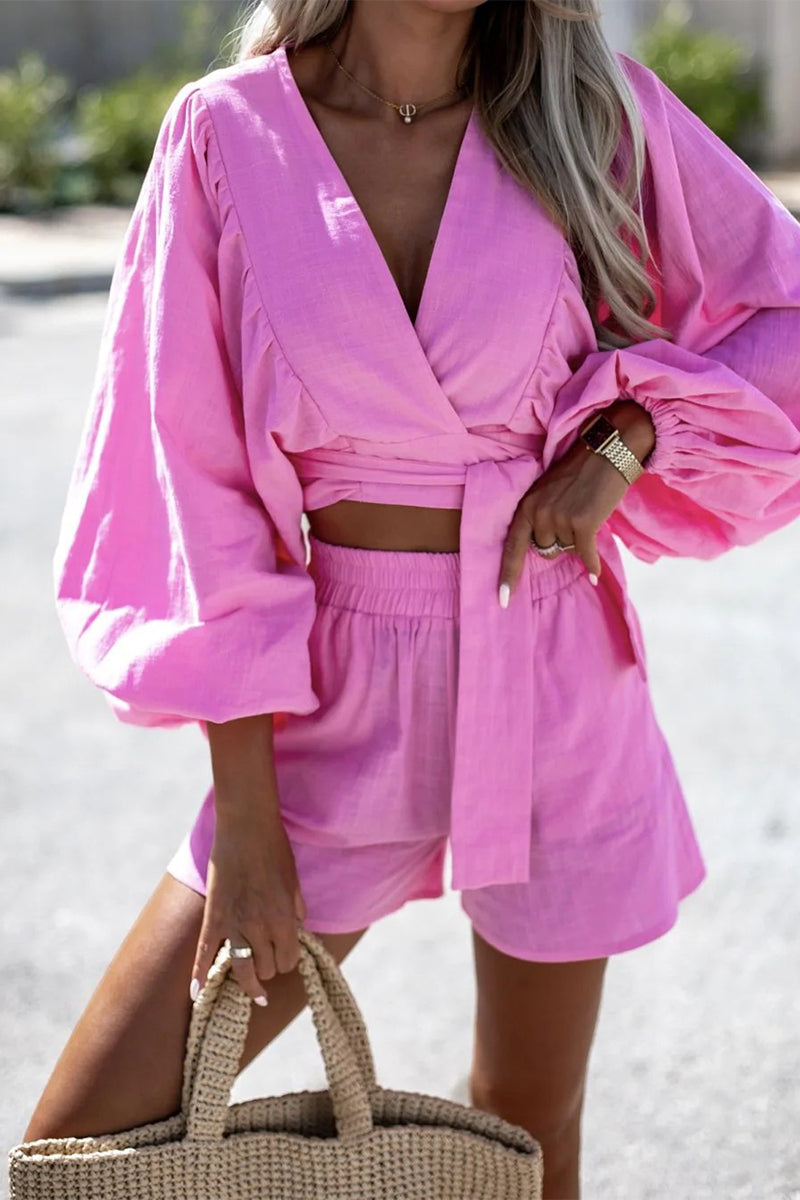 Sweet Solid Frenulum Fold V Neck Long Sleeve Two Pieces(3 Colors)