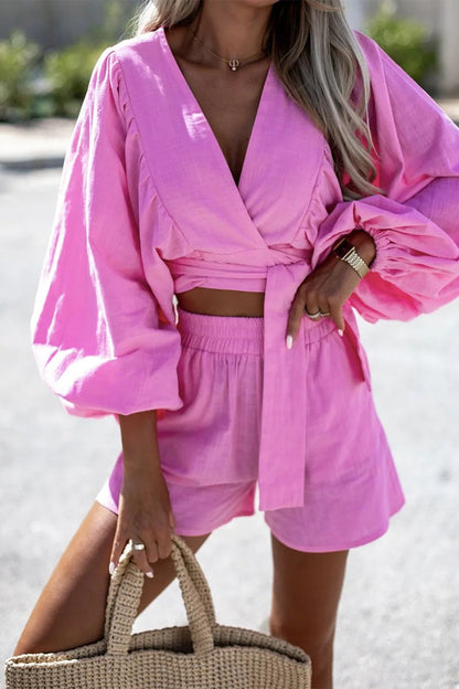 Sweet Solid Frenulum Fold V Neck Long Sleeve Two Pieces(3 Colors)